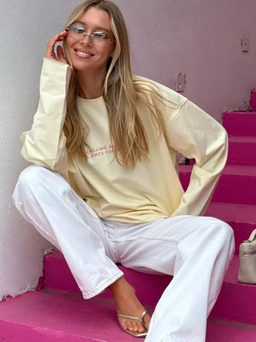 연노랑 100% 면 긴팔 티셔츠 얇은 스웨트셔츠 재미있는 귀여운 레터링 루즈핏 큰 사이즈 대학생 여성 기본 가을 겨울