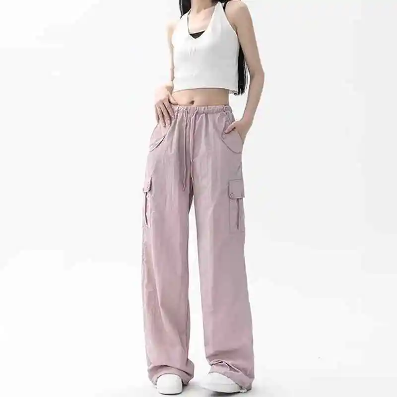 

Y2K Pocket Cargo Pants Woman Loose Trousers Summer Stylish Pink Sashes Belt Campus Female Vintage pink Basic College Streetwear