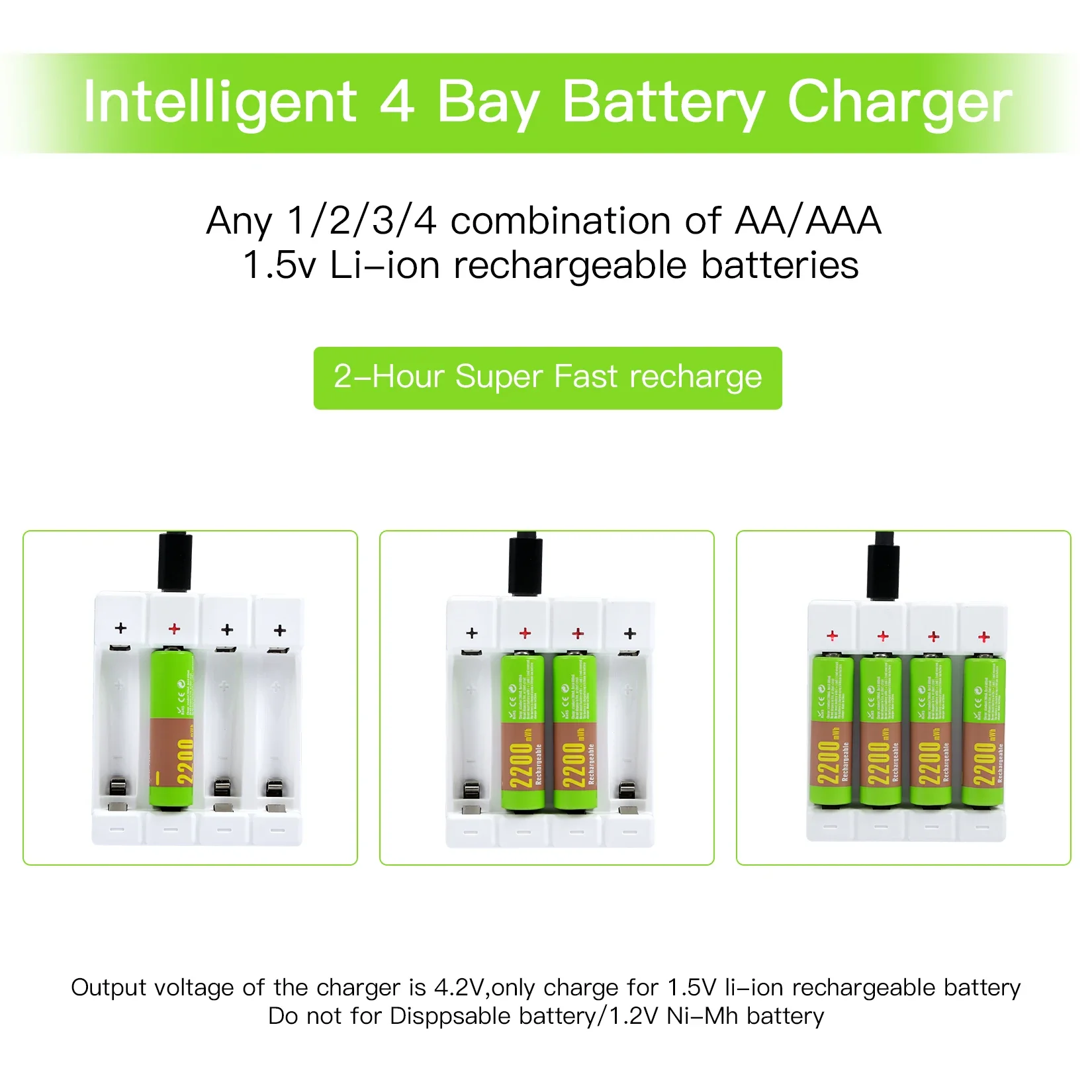 New Smart Battery Charger for 1.5V Li-ion Lithium Rechargeable AA AAA 2A 3A Battery + Type-C USB Cable