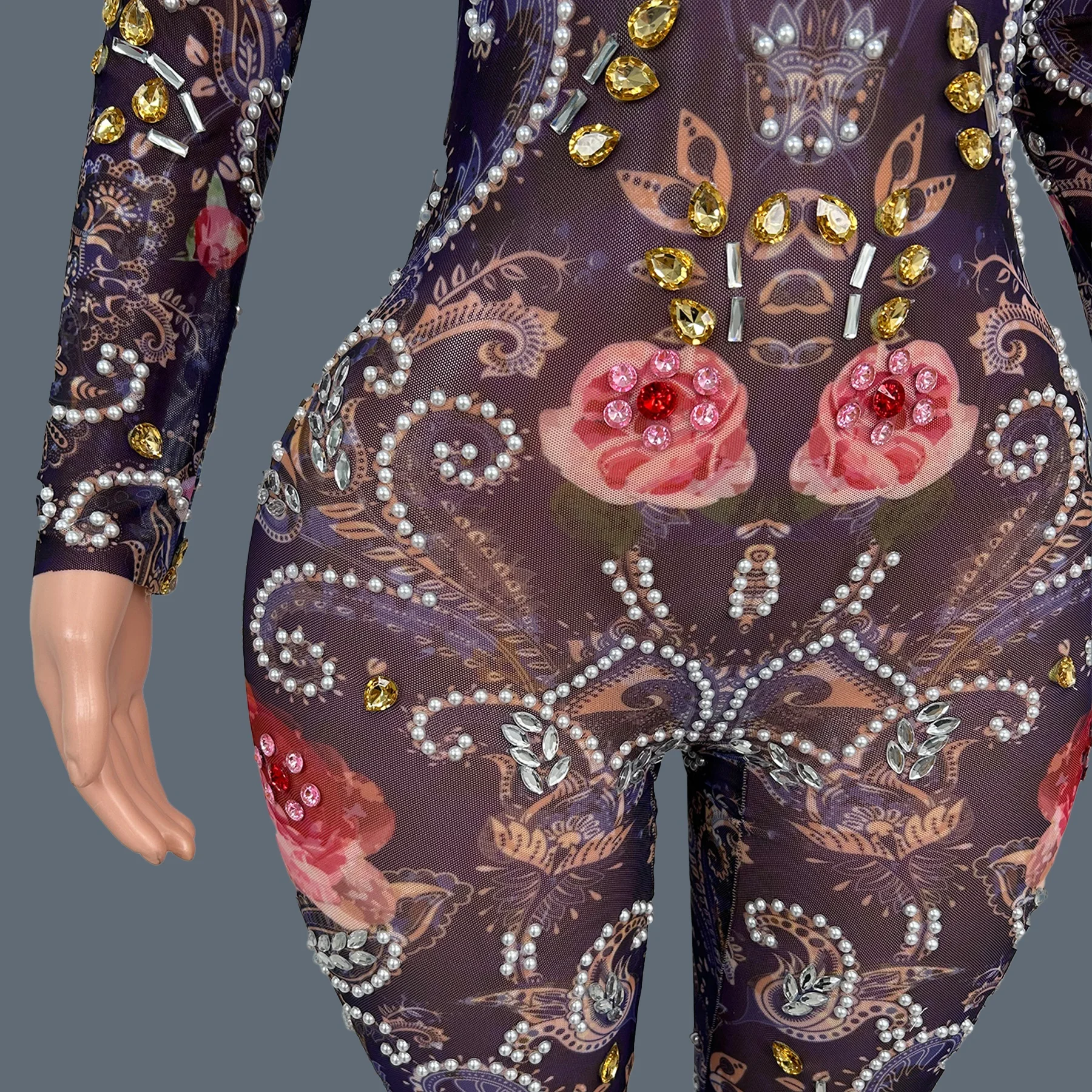 

Sparkly Crystals Pearl Mesh See Through Long Sleeve Jumpsuit Women Sexy Luxury Nightclub Party Dance Show Stage Costume Meiguiku