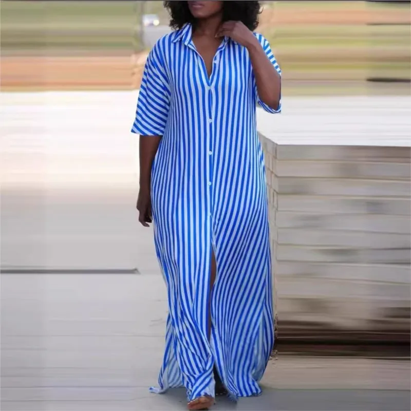 Women\'s Shirt Maxi Dress Summer Fashion Loose V-neck Button Long Striped Shirts Dresses For Women Robe Femme Casual Clouthing