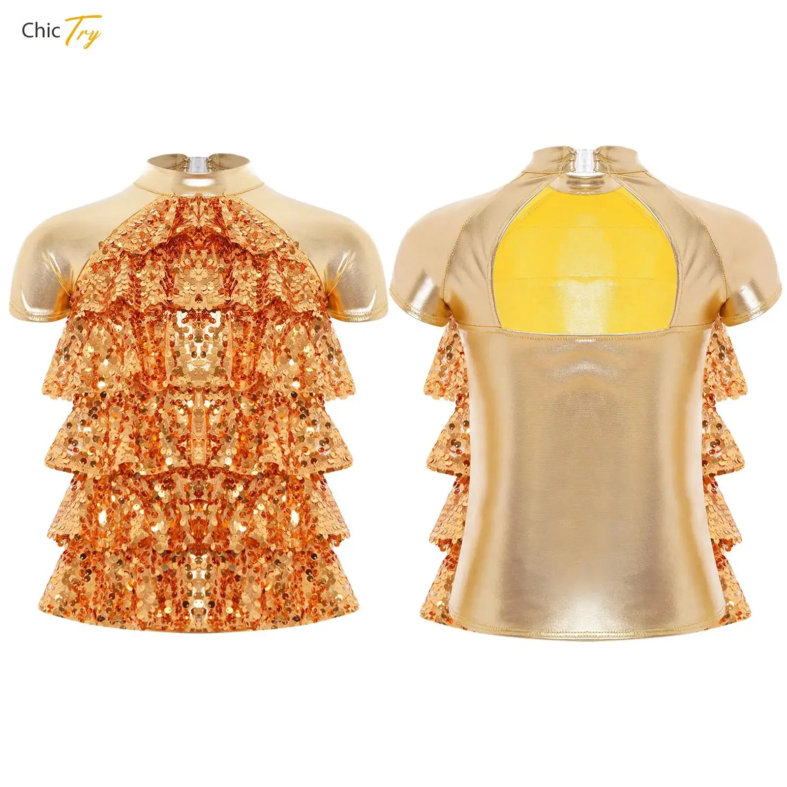 

Girls Modern Jazz Latin Performance Sequins Dance Top Kids Metallic Sequins Short Sleeve T-Shirt Shiny Mesh Tiered Back Cut Tops