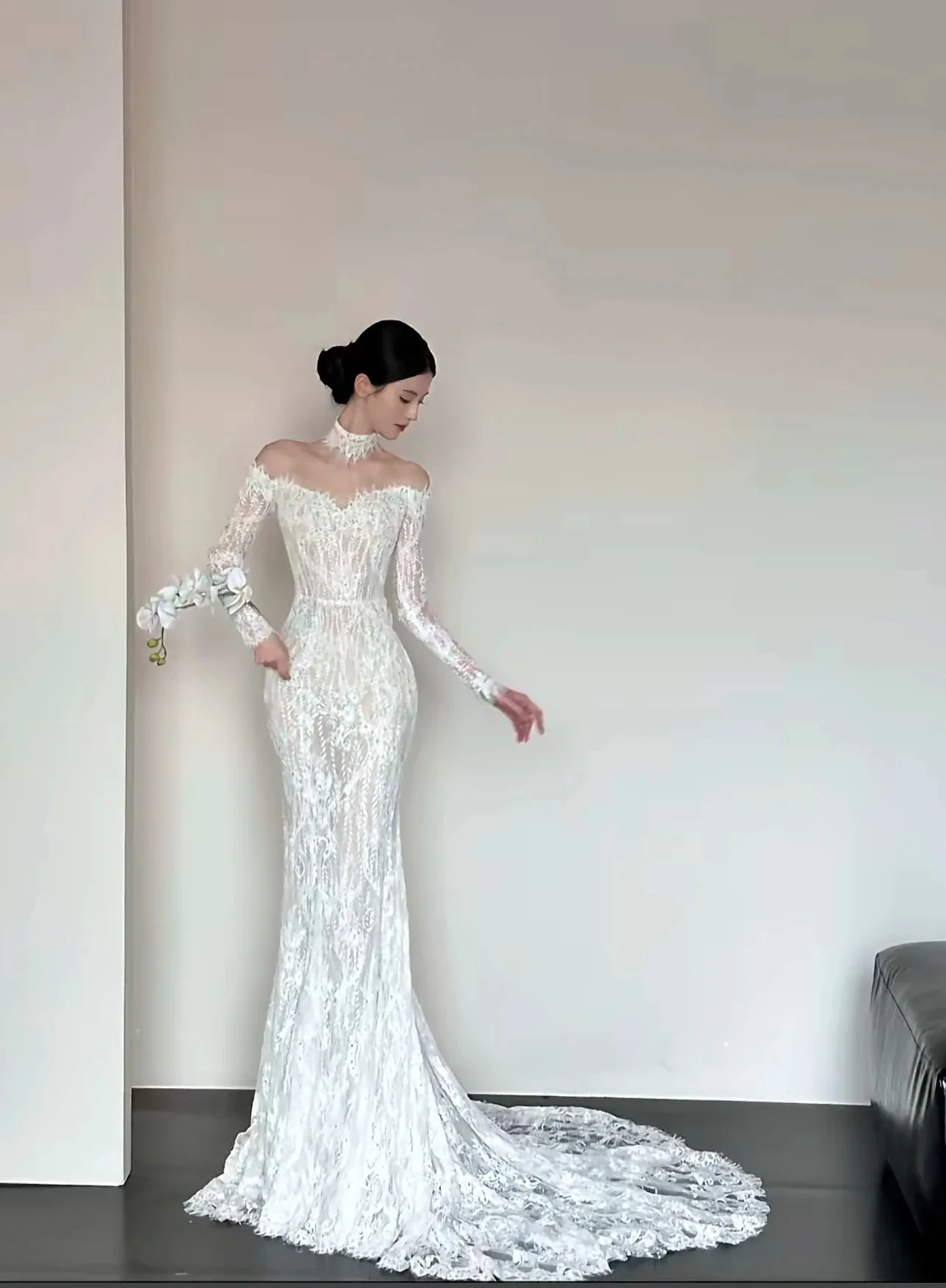 تخصيص جديد رائع الدانتيل قبالة الكتف الدانتيل حورية البحر فستان الزفاف مثير كم طويل انظر من خلال فساتين الزفاف خمر #4