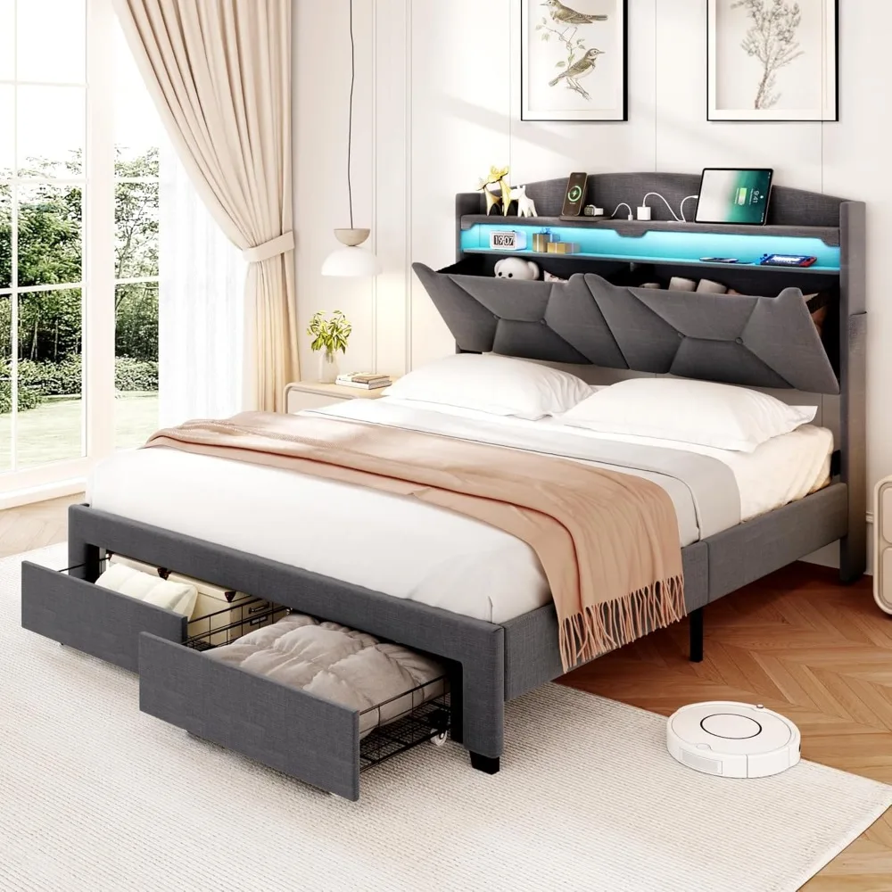 Queen Size Bed Frame, Queen Bed Frame with Storage Drawers, Upholstered Bed Queen Size with Charging Station and LED Lights, Eas