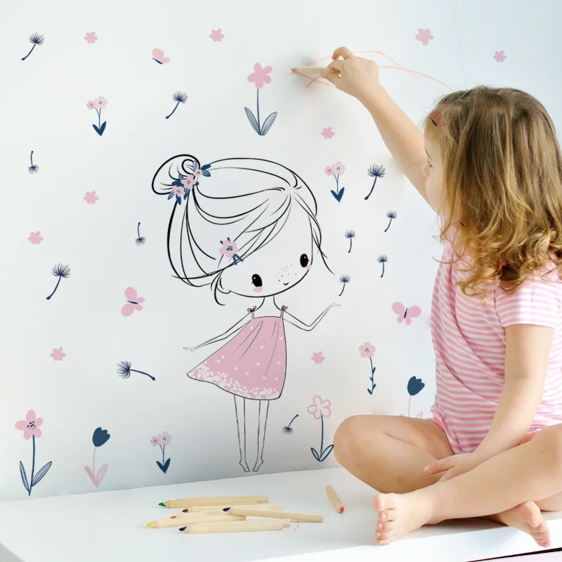 Cartoon girl dandelion Wall Stickers Creative Home Wall Decor Self-adhesive Kids Room Decoration Bedroom Background Wall Decor