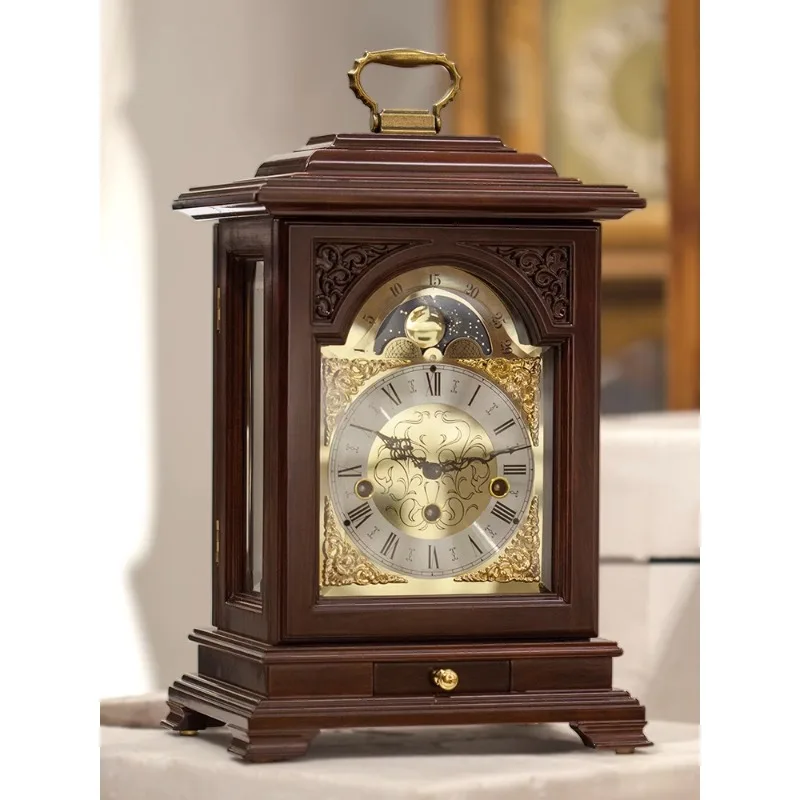 Small 3D Retro Mechanical Clock, Vintage Metal Clocks, Mahogany Watch, Chimes on the Hour, Luxury Home Decoration