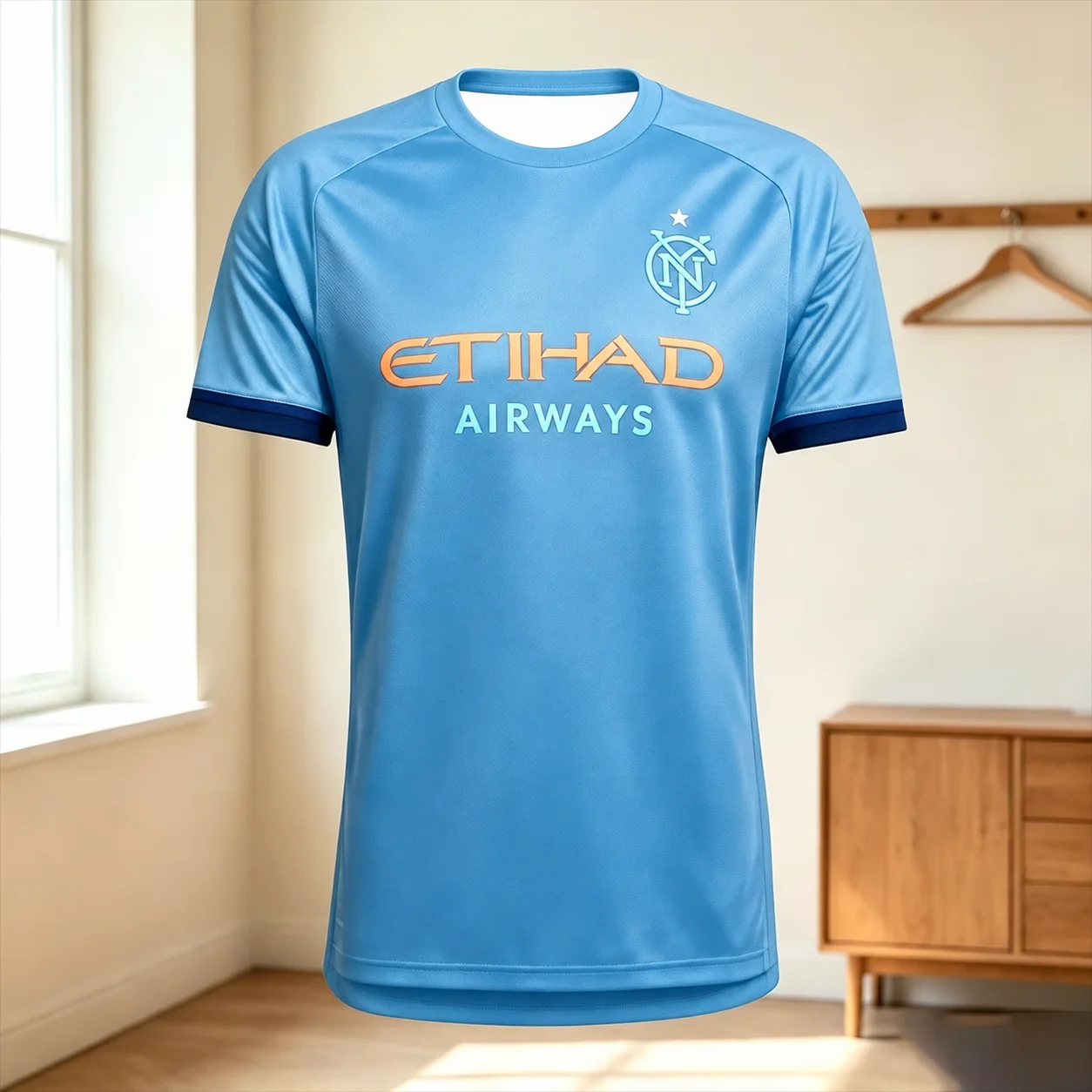 Herren NYCFC Schwarzes Auswärtstrikot mit Etihad Airways-Print, schnelltrocknend, kurzärmelig, Rundhalsausschnitt, Fußball-Fan-Trainings-Sport-T-Shirt – Detail 7