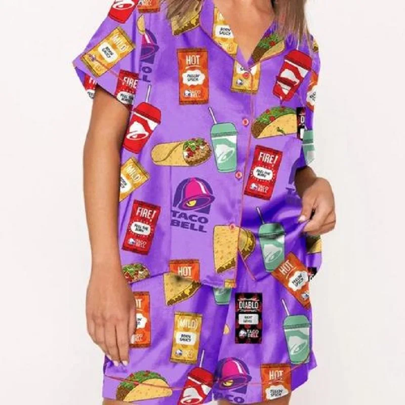 

Women Halloween Printed Satin Pajama Set Short Sleeve Button Closure Top with Shorts 2 Pieces Sleepwear Loungewear