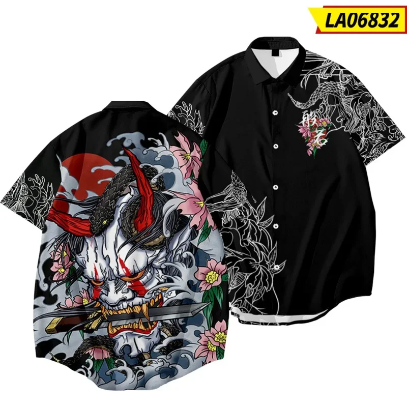 تأثيري النمط الياباني شيطان طباعة قميص 2021 الرجال قميص هاواي صيفي موضة الصيف قصيرة الأكمام Harajuku أنيمي قميص الرجال Ov تأثيري