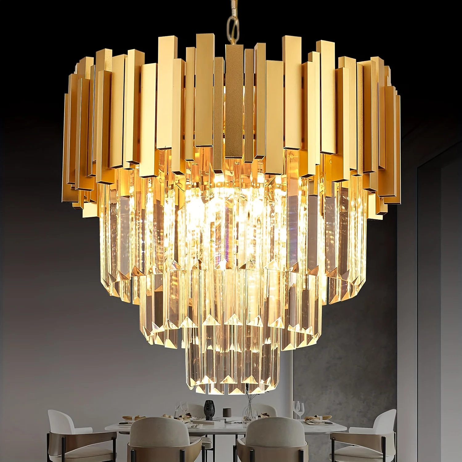 

Modern Round Gold K9 Crystal Chandelier, Adjustable 3-Tier Rustproof K9 Crystal Chandelier for dining room/living room/bedroom