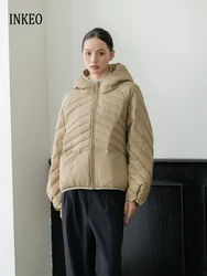 Cusual Hooded down jacket Ultra light Women's Autumn winter Solid Streetwear Pockets Long sleeve puffer coat INKEO DJ104