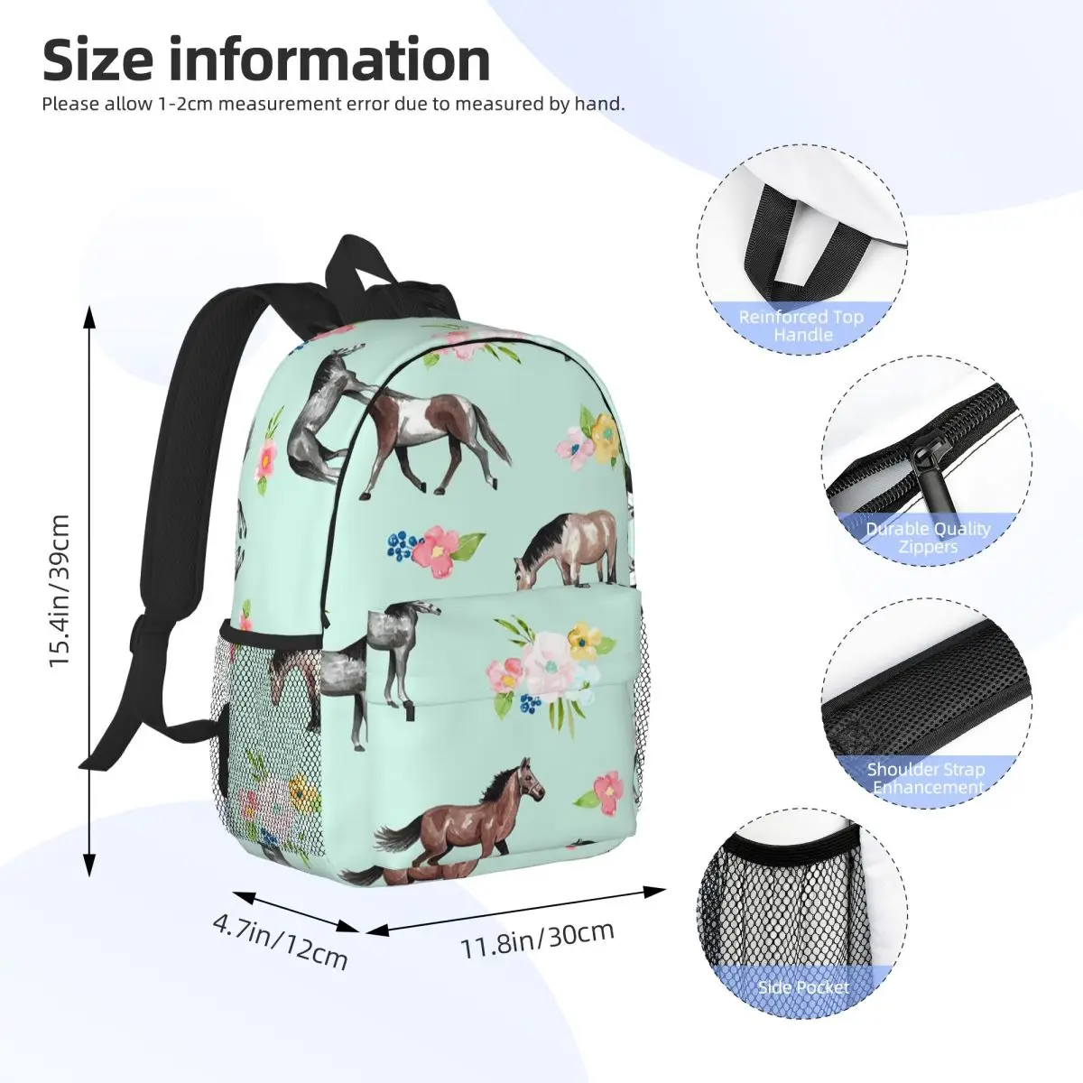 Horses And Flowers Mint Blue Backpacks Boys Girls Bookbag Children School Bags Laptop Rucksack Shoulder Bag Large Capacity