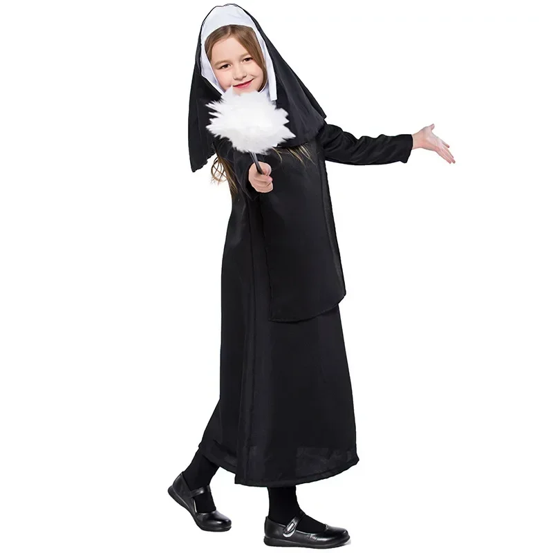 Deluxe Girls Nun Costume Child Cosplay Halloween Outfit for Kids Carnival Party Dress-Up Suit