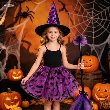 Girls Witch Tulle Tutu Skirt, Cosplay Dress Up with Pointed Hat for Halloween Carnival, Holiday & Themed Party Celebration