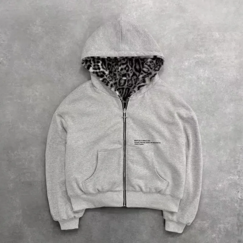 Street Hip-hop Hoodie 2025 Autumn/Winter New Leopard Print Sport Jacket Two-sided Zipper Loose Sweatshirt for Men and Women
