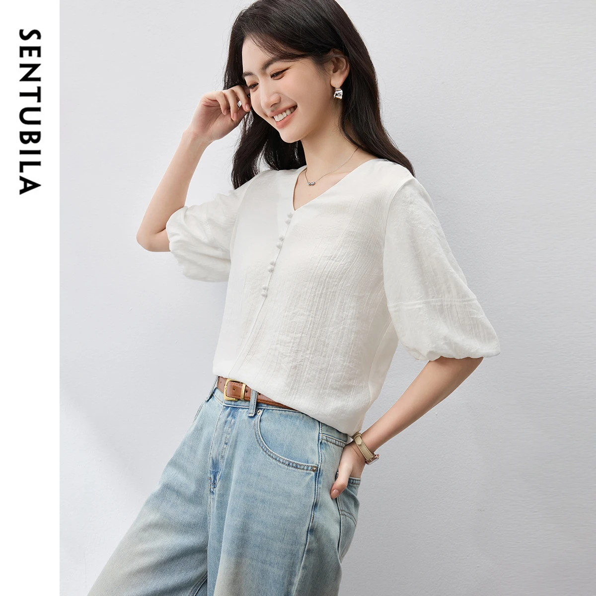 SENTUBILA Office Lady Blouse for Women 2025 New Elegant V Neck Puff Sleeve Cozy Simple Solid Tops Female Clothing 152V59023