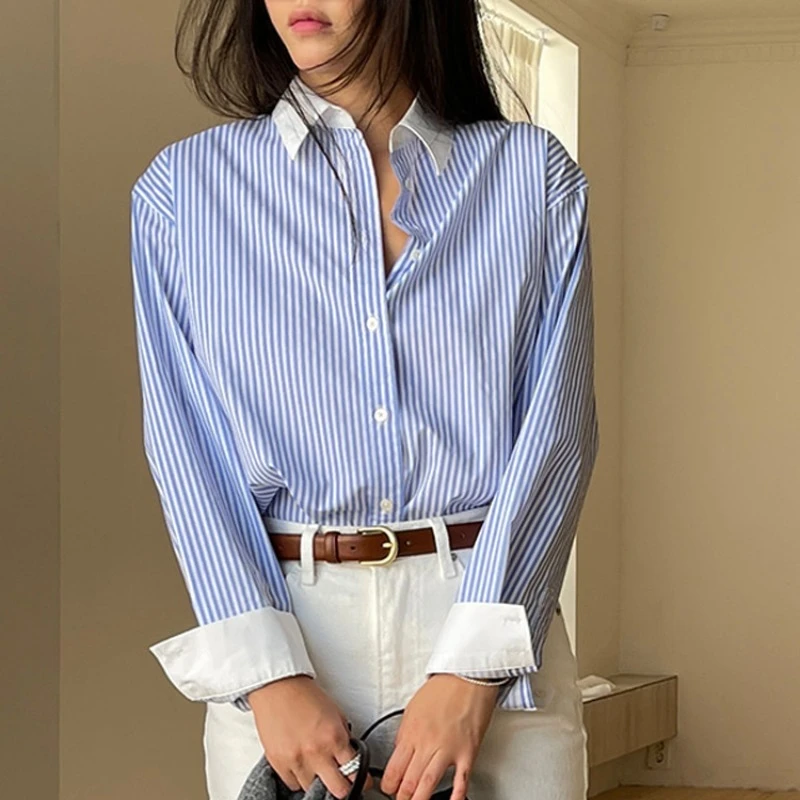 

Office Lady Women's Blouses Striped Casual Shirts Fashion Loose Spring/Summer Polo-neck Clothing Long-sleeved French Women Tops