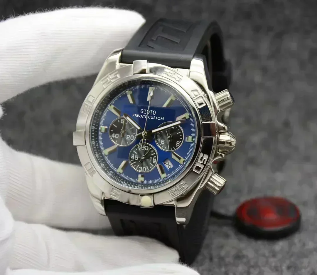 Luxury New Mens Quartz Chronograph Watch Stainless Steel Bracelet Black Blue Gold Leather Strap Sapphire Glass Watches 46mm