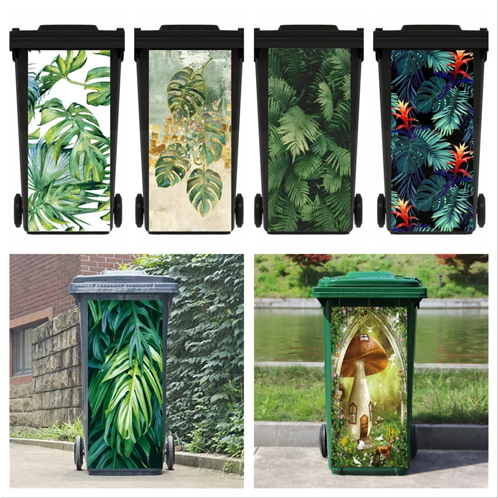 Street Green Plants Leaves Trash Bin Sticker Fairy Tale Big Mushroom Stickers on Kitchen Wall House Decor Garbage Bin Stickers