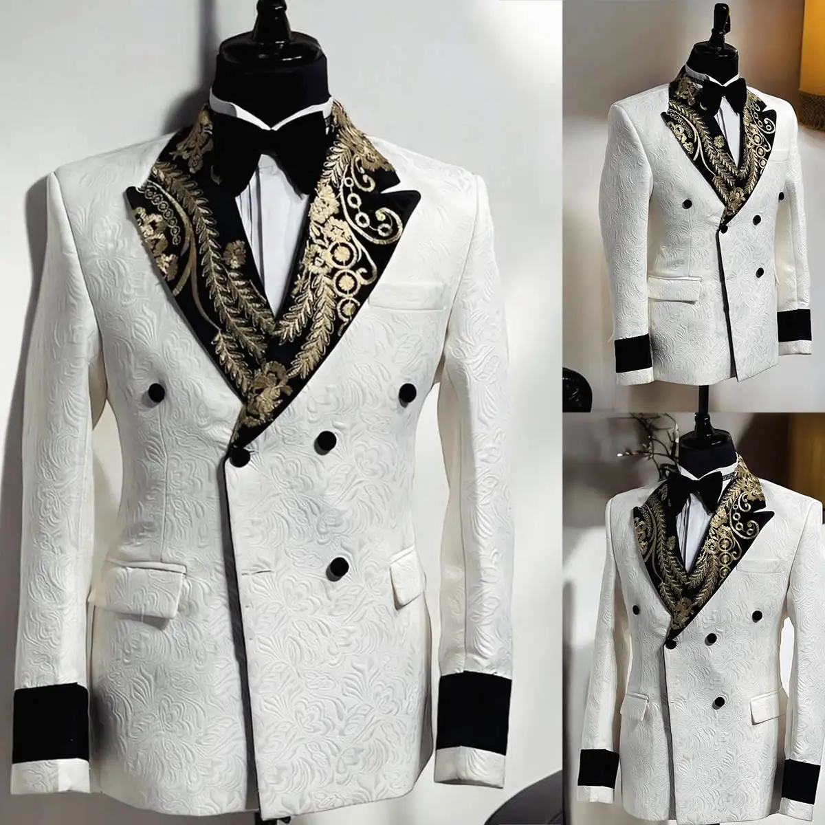 Ternos de casamento masculinos de luxo, lapela repicada, smoking duplo breasted, floral, jacquard, festa do noivo, 2 peças, blazer, calças, terno personalizado