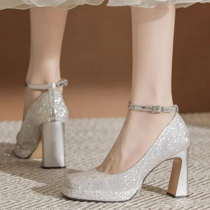 FHC 2024 Spring Wedding Shoes,Crystal High Heels,Women Pumps,Square Toe,Ankle Buckle Strap,Shining Champagne,Silver,Dropship