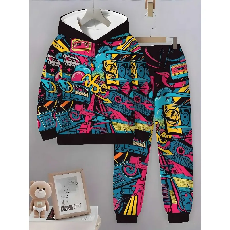 2025 موضة الكتابة على الجدران العصرية نمط ثلاثية الأبعاد مطبوعة هوديي البلوز فستان أطفال مع سروال داخلي مريح لكل من الرجال والنساء