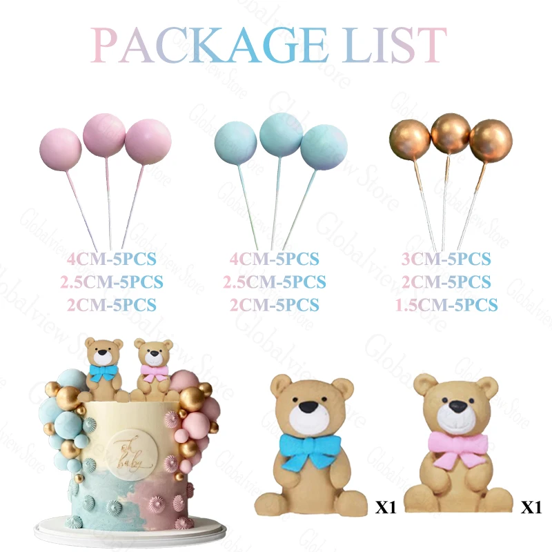 47Pcs Gender Reveal Cake Decorations Pink Blue Balls Cake Topper Teddy Bear Cake Decor Boy or Girl Baby Shower Decor