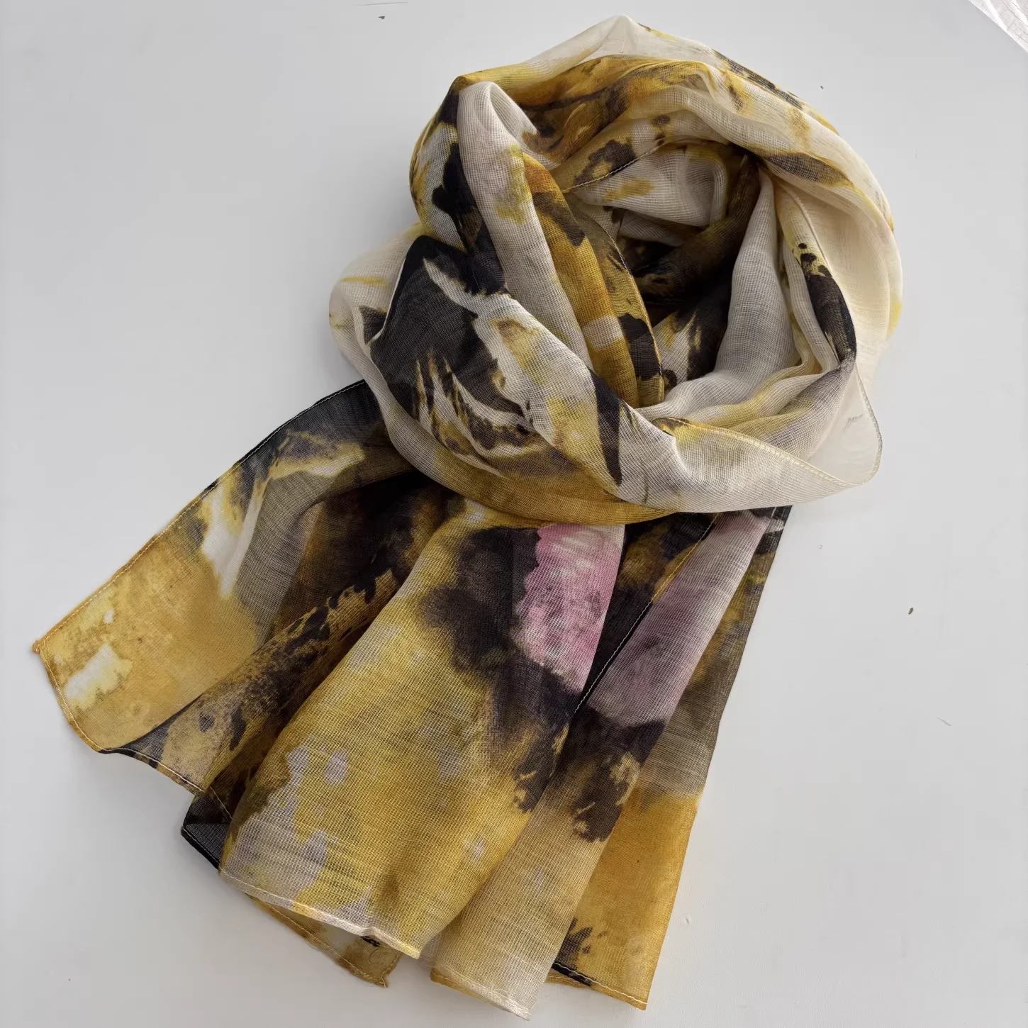 

80% Wool 20% Silk Neck Scarves Women Spring Vintage Yellow Tie Dye Print Scarf Silk Wool Womens Headscarves