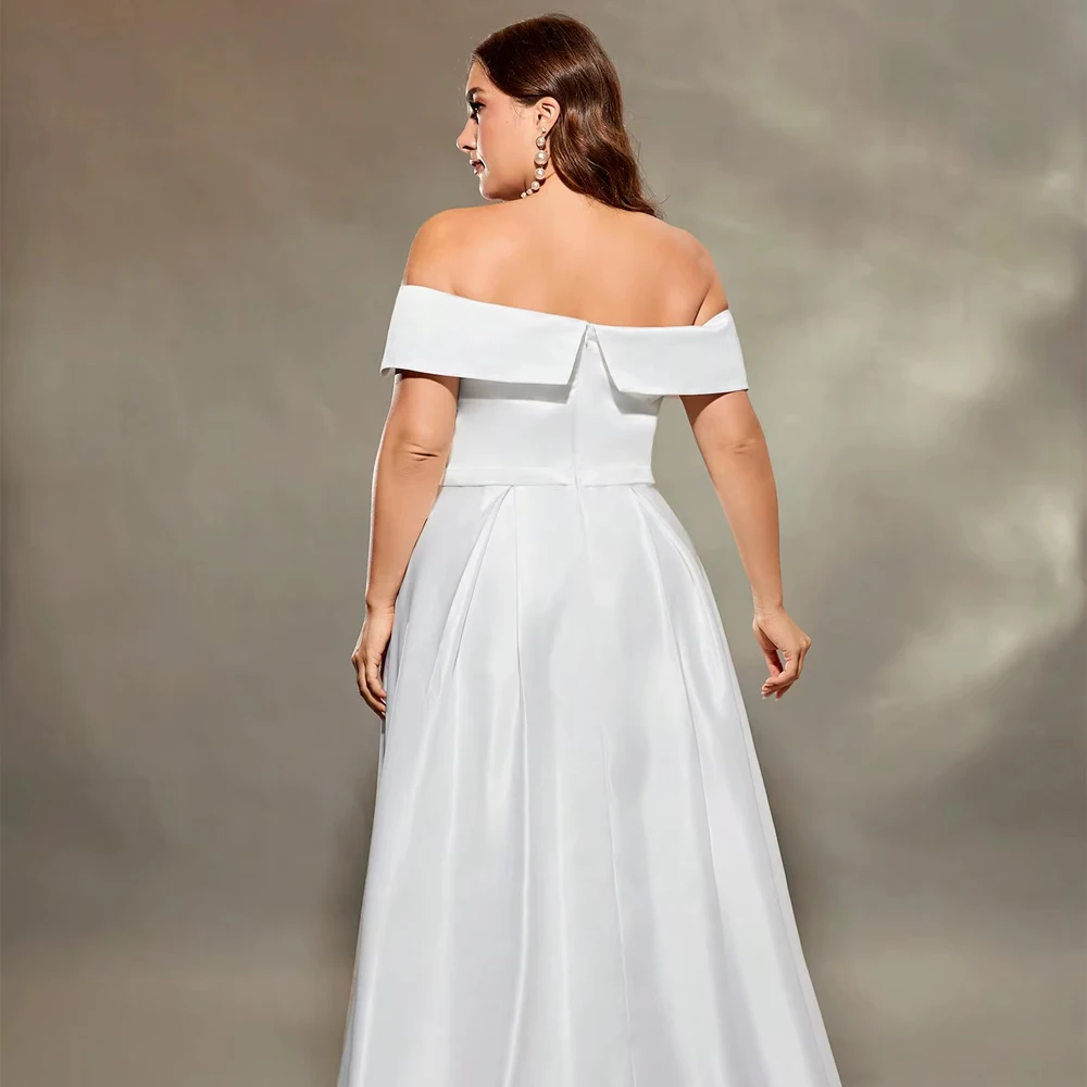Customized Plus Size Line Neck Irregular Cross Satin Wedding Gown Full Skirt Evening Party Dress Bridesmaid Bridal Gown