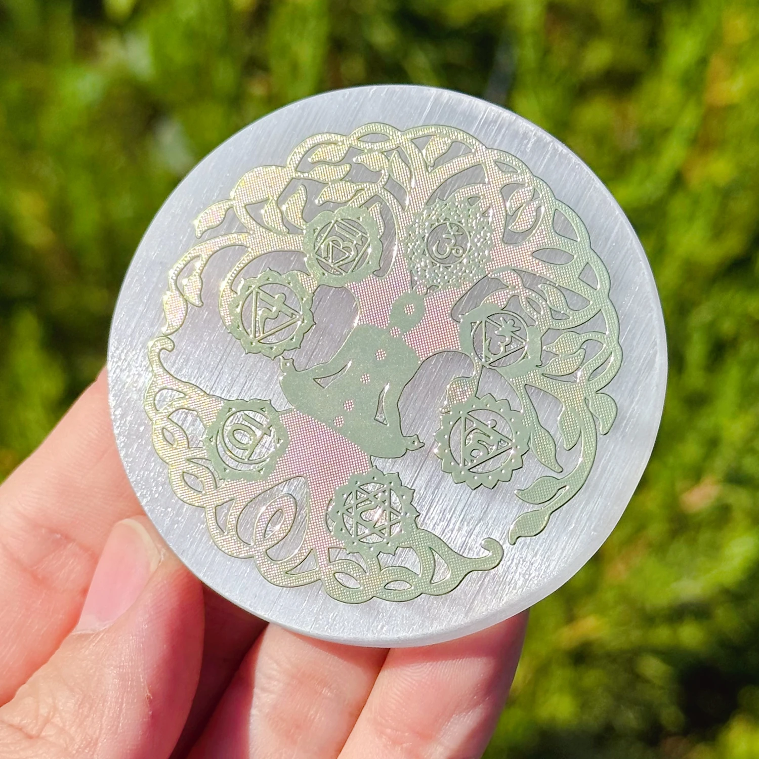 Natural Selenite Round Charging Plate, Gold Foil Engraved Tree of Life Yoga Sacred Symbols Disc, Home Decor Gift