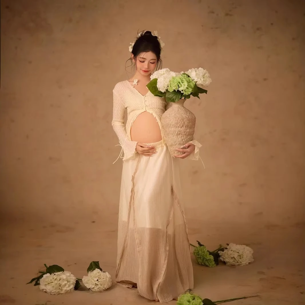 Women Photography Props Maternity White Elegant Pregant Split Top with Skirt Pregnancy Dresses Studio Photo Shoot Photo Clothes