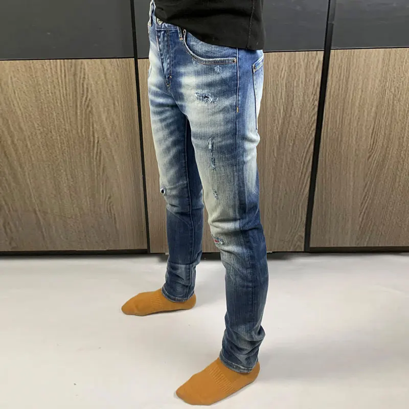 Fashion Streetwear Men Jeans High Quality Retro Blue Stretch Slim Fit Ripped Jeans Men Vintage Designer Brand Pants Hombre