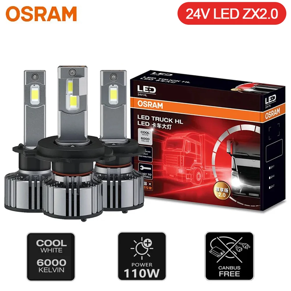 

OSRAM TRUCK ZX2.0 LED HL H7 H4 H1 24V Truck Headlight 110W Super Power Bulbs 6000K Cool White High Low Beam Original Lamps, Pair