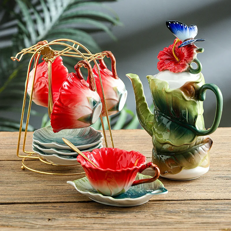 

Enamel Craft Ceramic Tea Set Crockery Coffee Cup And Saucers Pastoral Flower Series Afternoontea Drinkware With Cups Holder