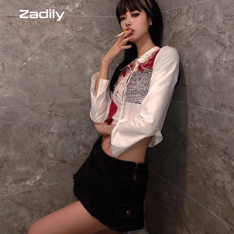 2024 Halloween Street Style Slim Long Sleeve Print Women Short Shirt Sexy Button Ladies Crop Top Party Blouse New In Clothing