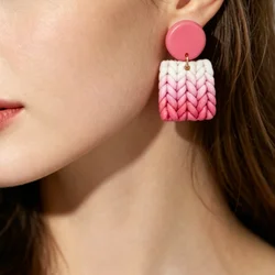 Cute Multi-Gradient Color Square Polymer Clay Earring Stud Set Handmade Braided Knitting Pattern Women's Fashion Jewelry Gifts