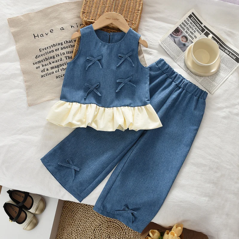 

2026New Summer Girls' Outfit: Imitation Denim Bowknot Patchwork Vest and Long Pants Two-Piece Set