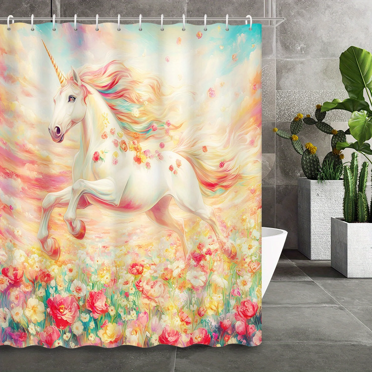 

Винтажная картина маслом Единорог и Роза Занавеска для душа с 12 крючками - красочное искусство для декора ванной комнаты