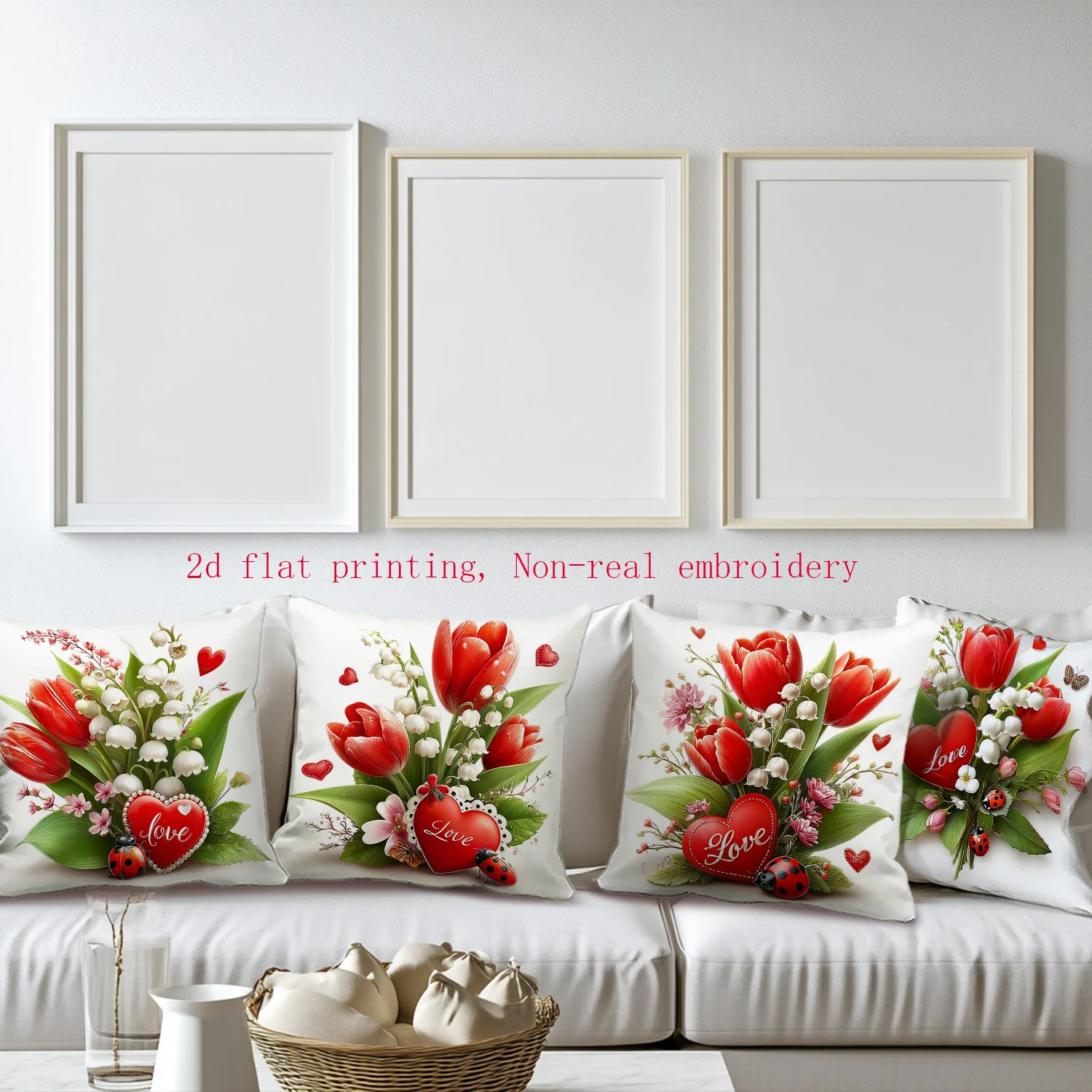 Juego  4 fundas  almohada estilo floral romántico para San Valentín y primavera, con tulipanes rojos, lirios  los valles b