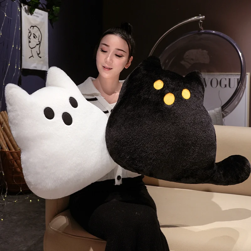 Cartoon Ghost Animal Plush Pillow Stuffed Black White Cat Cushion Halloween's Day Darkness Party Prop Plushie Gift