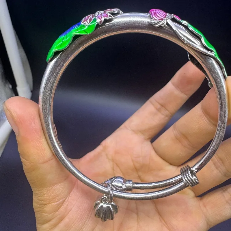 Traditional Cloisonne Enamel Bracelet, Lotus Heart Sutra Design, Adjustable Tibetan Silver Bangle for Men Women