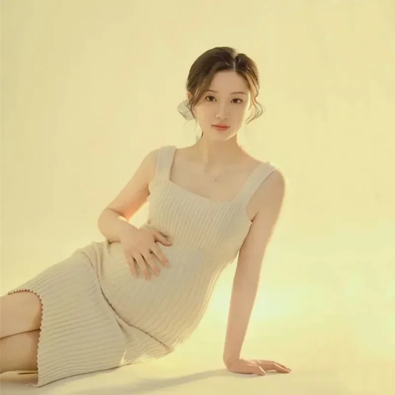 임신 한 여성을위한 출산 니트 드레스 임신 옷 사진 촬영을위한 스파게티 신축성있는 출산 사진 드레스