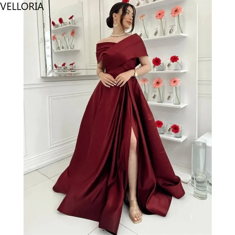 Borgonha cetim vestido de noite fora do ombro fenda a linha plissado vestido de baile para mulher vestido de festa vestdos de fiesta personalizado