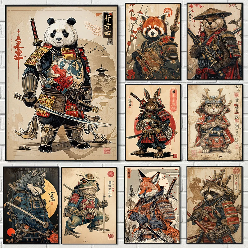 Ukiyo-e-pos carteles con retrato de Animal guerrero Retro japonés, impresiones en lienzo, pintura artística de pared, imagen para decoración del hogar y la sala de estar