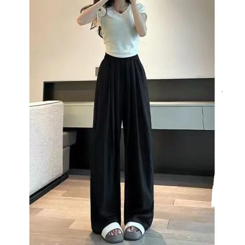 2024 New Summer Casual Loose Fitting High Waisted Drape Thin Style Lazy Style Pleated Zen Style Ice Silk Wide Leg Yamamoto Pants