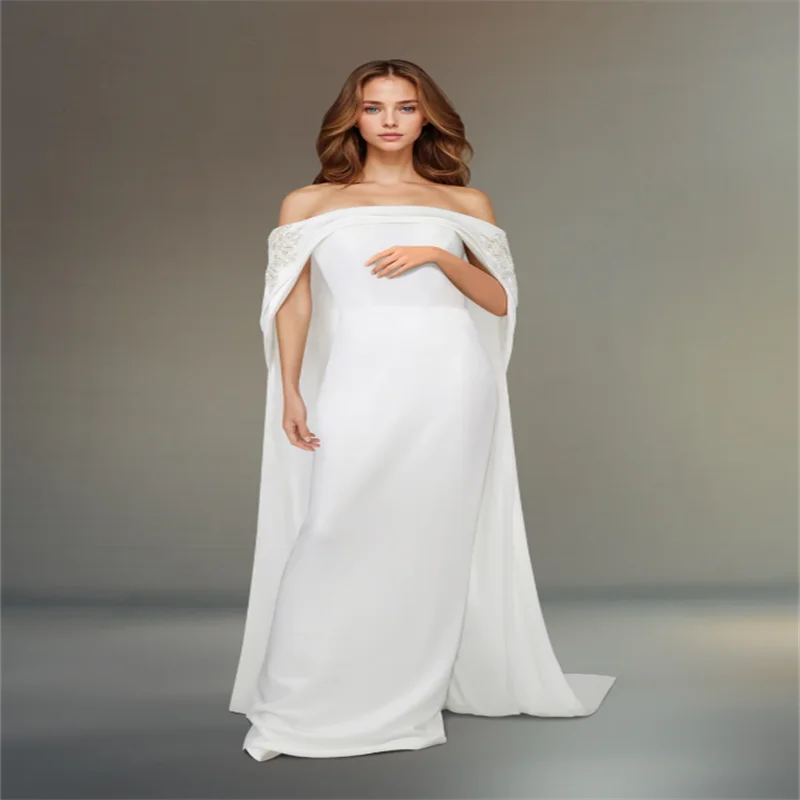 Off the Shoulder Evening Gown Elegant  Formal Party Court Train Sleeveless Ivory Wedding Guest Satin with Cap Customized