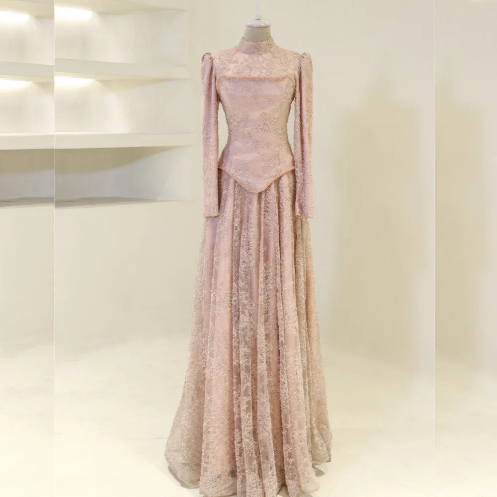 Maßgeschneiderte klassische Damen-Abendkleider mit Spitze, hoher Kragen, A-Linie, lange Kleider, elegantes Hochzeitskleid
