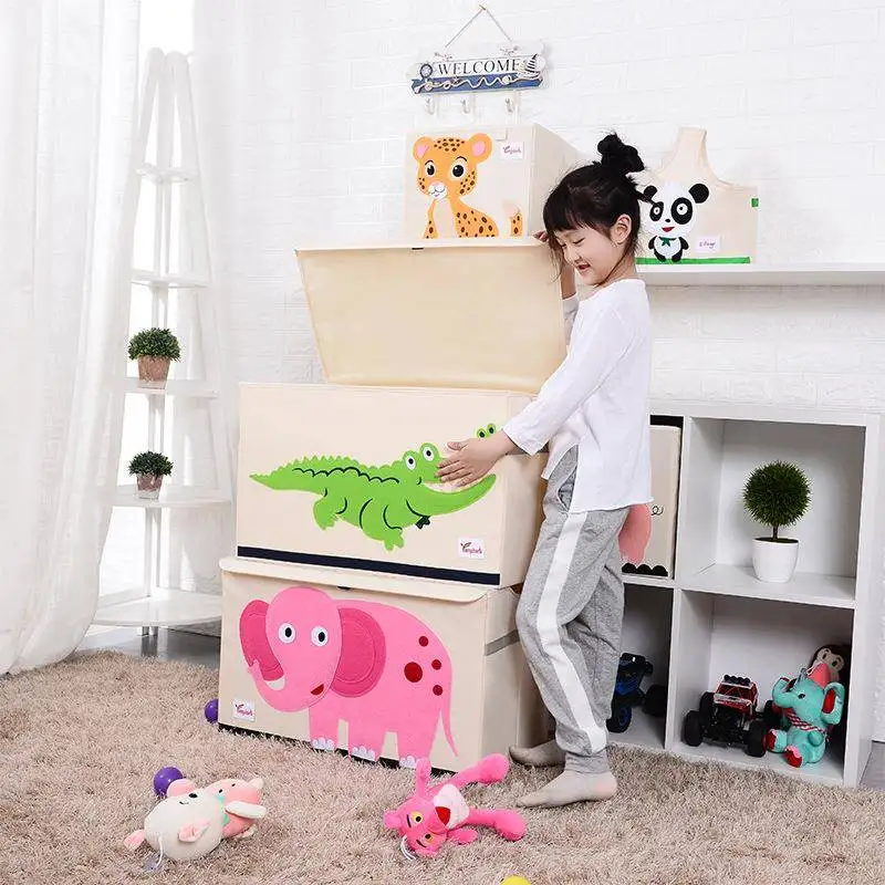 

Cartoon Stacking Storage Box Large Clothes Organizer Box with Lid Wardrobe Storage Bin Fabric Material Double Door Opening