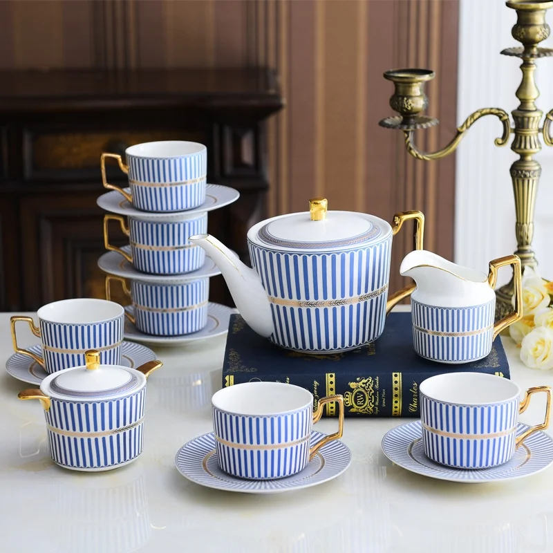 Juego de café de cerámica árabe real, 15 Uds., tazas de té azul de porcelana, platillo con tetera, tetera, leche, tarro de azúcar con su logotipo