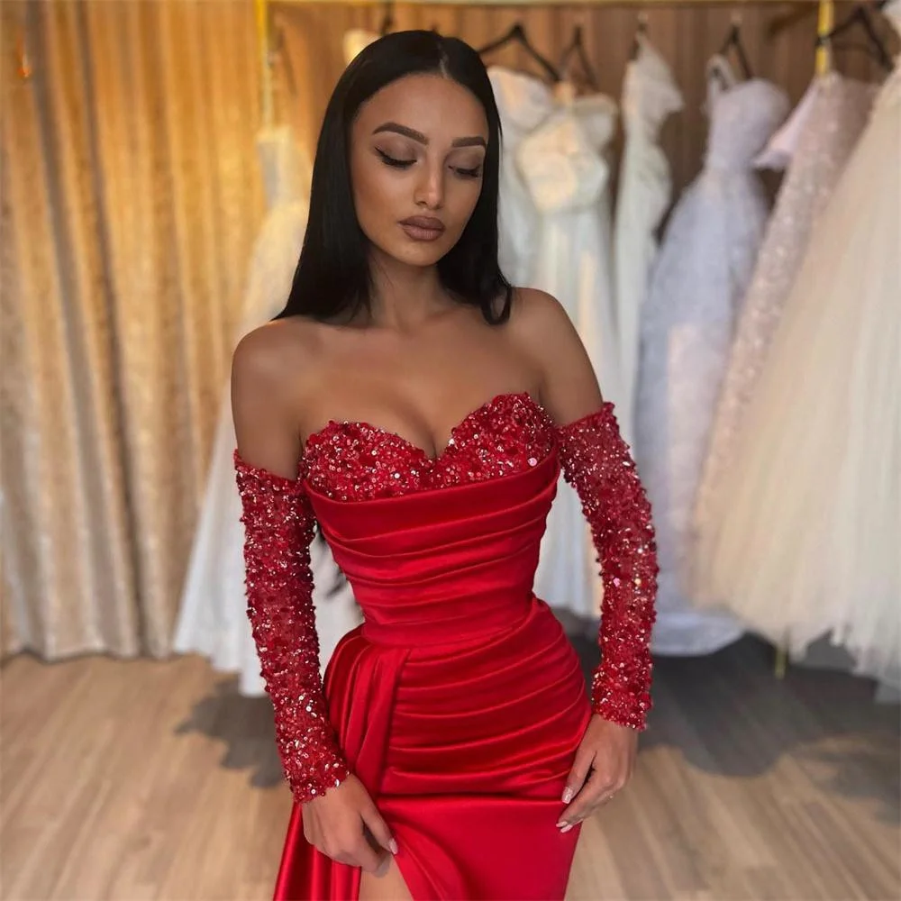 Sansa Wine Red Strapless فساتين السهرة Mermaid Satin Vestidos De Noche Elegant Long Sleeves Sexy Side High Split Prom Dresses